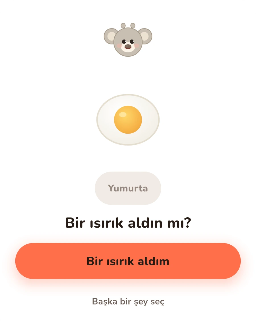 Koamoli öğün ekranı: Moli, yumurta ve Bir ısırık aldım düğmesi
