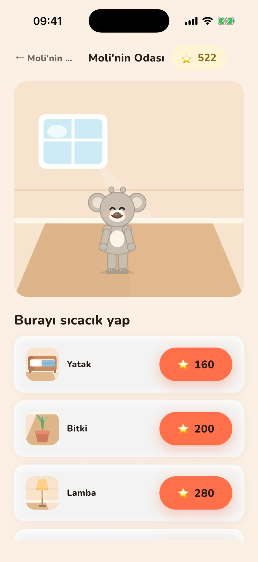 Moli'nin Odası: yatak, bitki ve lamba